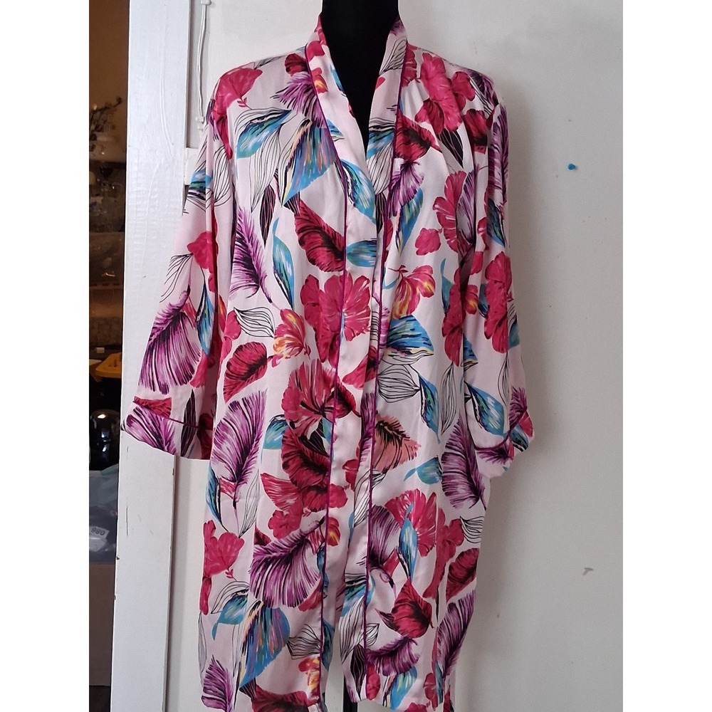 Cynthia Rowley Sleepwear Pink Tropical Floral Feather Satin Wrap Robe Large L